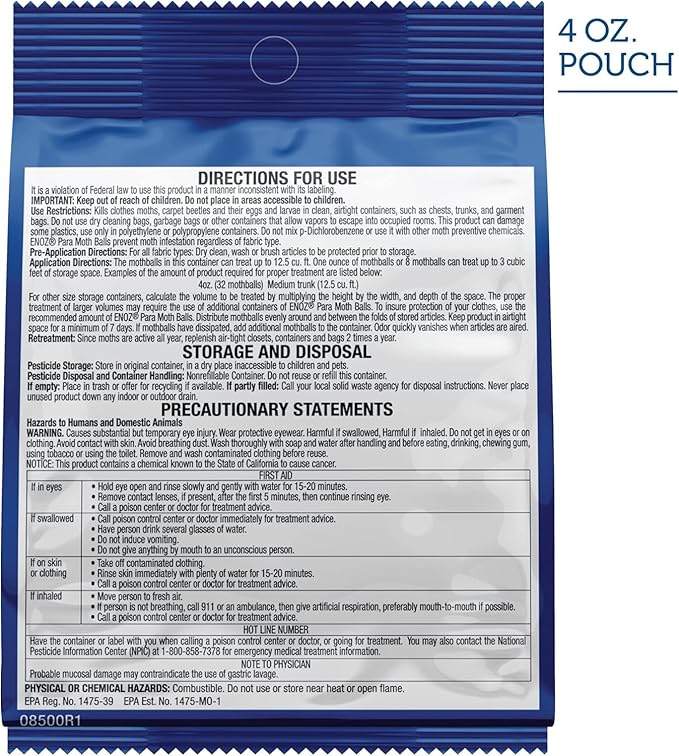 Enoz Para Moth Balls, Kills Clothes Moths and Carpet Beetles, No Clinging Odor, 4 Oz (Pack of 4)