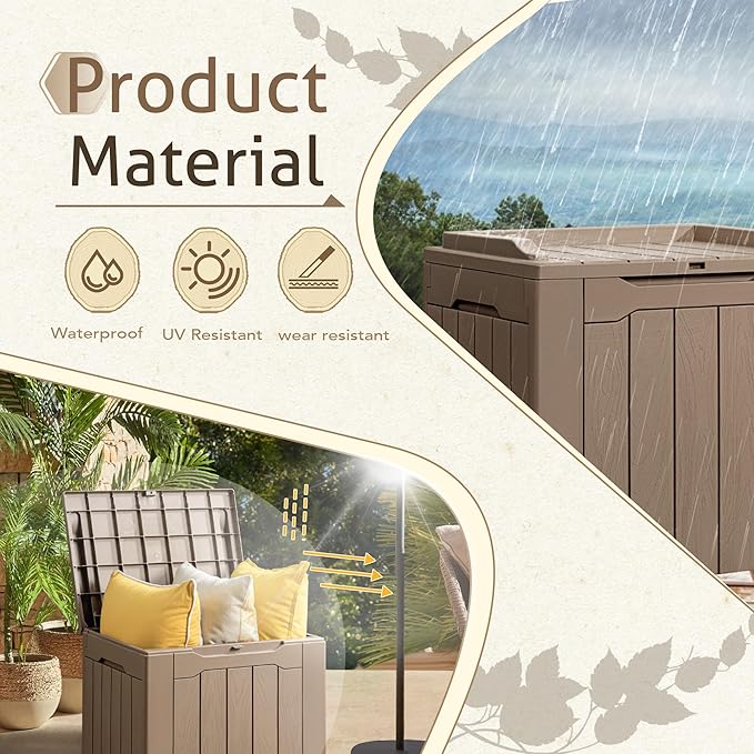 Flamaker 2 Pack Deck Box 31 Gallon Waterproof Resin Storage Box with Lid Indoor Outdoor Delivery Box Storage Bin for Patio Cushions (Light Brown)