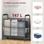 Tajsoon 3 Bag Laundry Sorter Cart, Laundry Hamper Sorter Basket with Heavy Duty Lockable Rolling Wheels for Clothes Storage, Black