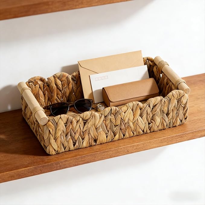 Scalloped Edge Wicker Basket with Wooden Handles, Water Hyacinth Bathroom Counter Organizer for Vanity, Shelves & Coffee Table, Decorative Storage – 14" x 6.3" x 3.9"