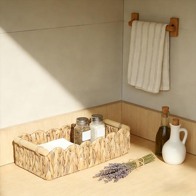 Scalloped Edge Wicker Basket with Wooden Handles, Water Hyacinth Bathroom Counter Organizer for Vanity, Shelves & Coffee Table, Decorative Storage – 14" x 6.3" x 3.9"