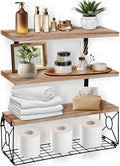 Bathroom Shelves Over Toilet Set of 3, 15.8 inch Floating Shelf with Storage Basket, Floating Shelves for Wall, Wood Wall Mounted Shelf for Bathroom Living Room Bedroom Kitchen, Rustic Brown