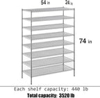 24" Deep x 54" Wide x 74" Height Wire Shelving Kit | 8-Tier | NSF Commercial Storage Rack Unit