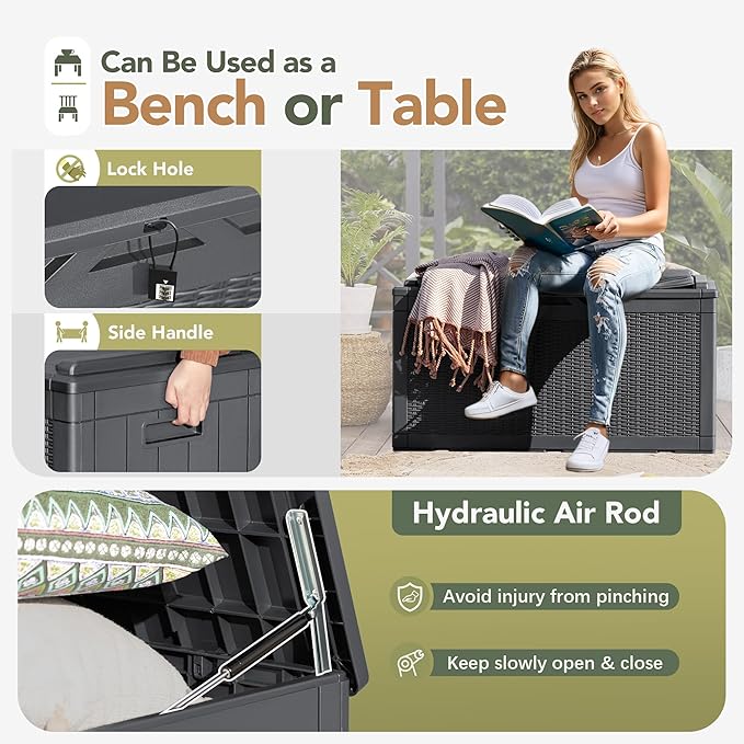 Flamaker Deck Box with Cushion 98 Gallon Waterproof Resin Storage Box with Air Rod Indoor Outdoor Lockable Storage Bench for Patio Furniture, Tools, Pool Accessories (Gray)