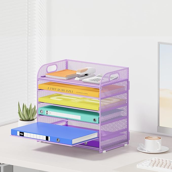 6 Tier Paper Organizer, Purple Letter Tray with Handle, Mesh Desk Organizer, Metal File Organizer, Office Desk Accessories for Home, Office, Classroom, School