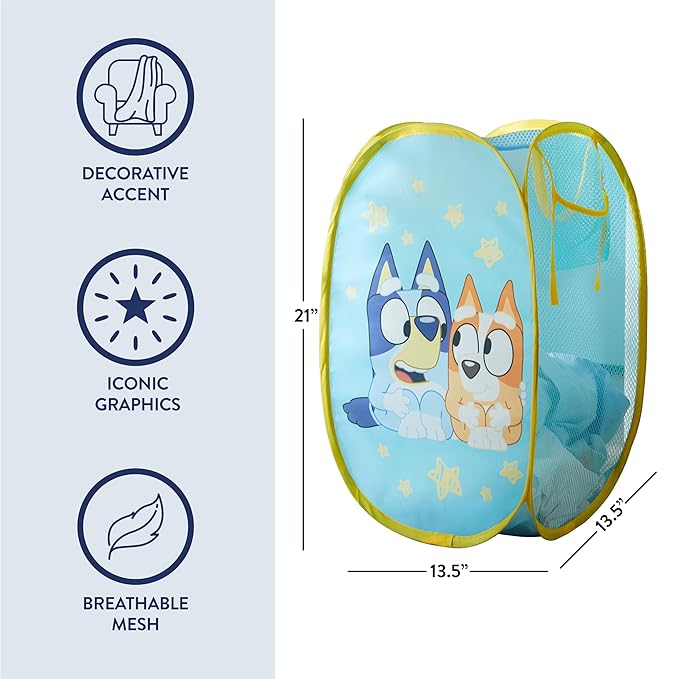 Bluey Pop-Up Hamper with Carry Handles – 21" x 13.5", Bluey and Bingo Design, Lightweight & Collapsible Laundry Basket for Kids’ Bedroom, Bathroom, or Playroom