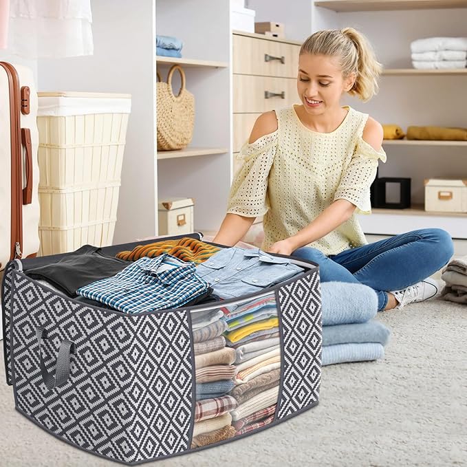 Direct 100L, 2 Pack, Storage Containers, Large Clothes Storage Bins Foldable Organization and Storage Bags with Reinforced Handle, Clear Window for Bedding, Blankets, Clothing, Grey