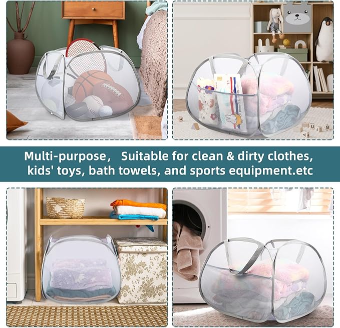 2 Pack Collapsible Laundry Baskets, 90L Large Foldable Laundry Basket, Durable Mesh Pop Up Hampers for Laundry, Dirty Clothes Laundry Hamper for Bedroom, Bathroom, Dorm, Laundry Room, Travel Grey