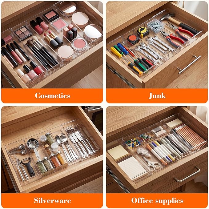 1 Pcs Large Expandable Acrylic Drawer Organizers, Grid Adjustable Drawer, Dividers Organizer for Desk, Makeup, Jewelry, Office, Kitchen Supplies (Clear,5 Compartments)