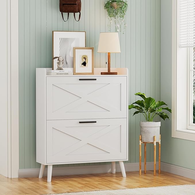 32" W Farmhouse Shoe Storage Cabinet with 2 Flip Drawers and Barn Door Design, Adjustable Shelves, Modern Hidden Slim Narrow Shoe Rack Cabinet for Entryway, Foyer, Hallway, Living Room, White