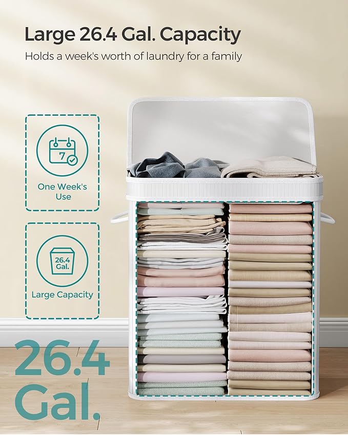 SONGMICS Laundry Hamper with Lid, Bamboo Laundry Basket, Removable Machine Washable Laundry Basket, with Handles, 26.4-Gallons, for Laundry Room, Bedroom, Bathroom, Cloud White ULCB063W01