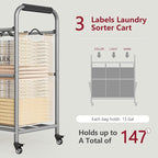 Tajsoon 3 Bag Laundry Sorter Cart, Laundry Hamper Sorter Basket with Heavy Duty Lockable Rolling Wheels for Clothes Storage, Beige