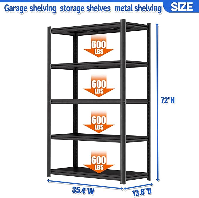 72"H Garage Shelving 3000LBS Heavy Duty Garage Storage Shelves Adjustable Metal Shelving 5 Tier Shelving Unit Metal Storage Rack for Basement, Warehouse, Pantry, Kitchen 35.4"W × 13.8"D × 72"H
