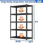 72"H Garage Shelving 3000LBS Heavy Duty Garage Storage Shelves Adjustable Metal Shelving 5 Tier Shelving Unit Metal Storage Rack for Basement, Warehouse, Pantry, Kitchen 35.4"W × 13.8"D × 72"H