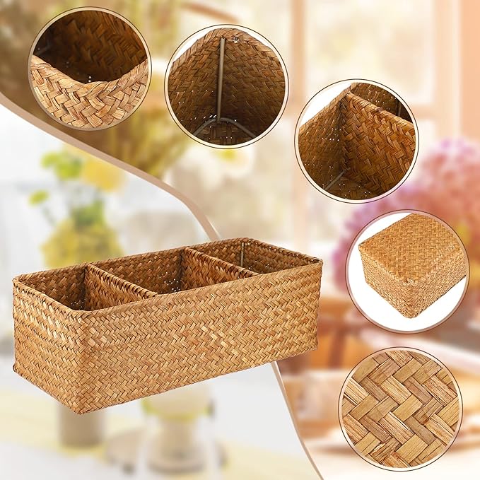 Hipiwe Seagrass Storage Basket with 3 Section, Hand-Woven Wicker Bathroom Storage Bin Tissue Toilet Paper Organizer Basket for Shelves, Kitchen, Bathroom (Caramel)