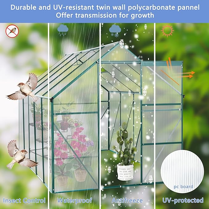 6X10FT Greenhouse for Outdoor, Polycarbonate Greenhouse with Raised Base and Anchor, Heavy-Duty Walk-in Green House with Adjustable Roof Vent and Gutter System for Patio,Backyard (Green, 6X10FT)