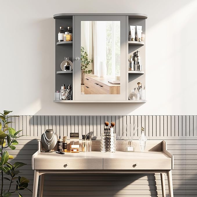 Shintenchi Bathroom Wall Cabinet with Mirror, Mounted Medicine Cabinets with 4 Internal and 6 Open Shelves, Mirrored Door Over the Toilet Storage, Gray