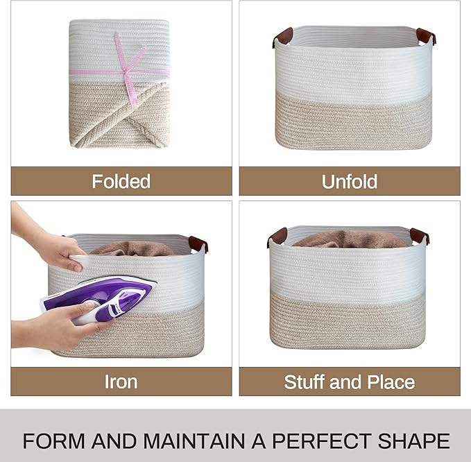 Small Cotton Rope Storage Basket with Leather Handles, 15 "L x 11.5" W x 7.5 "H, Home Decor Basket, Durable & Stylish Organizer for Home.(Small Light Khaki)