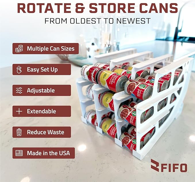 FIFO Can Tracker 2-Pack - 3-Tier Rotating Food Can Organizer for Pantry, Expandable Soda Can Storage for Kitchen, Holds 54 Cans of Food or Soda