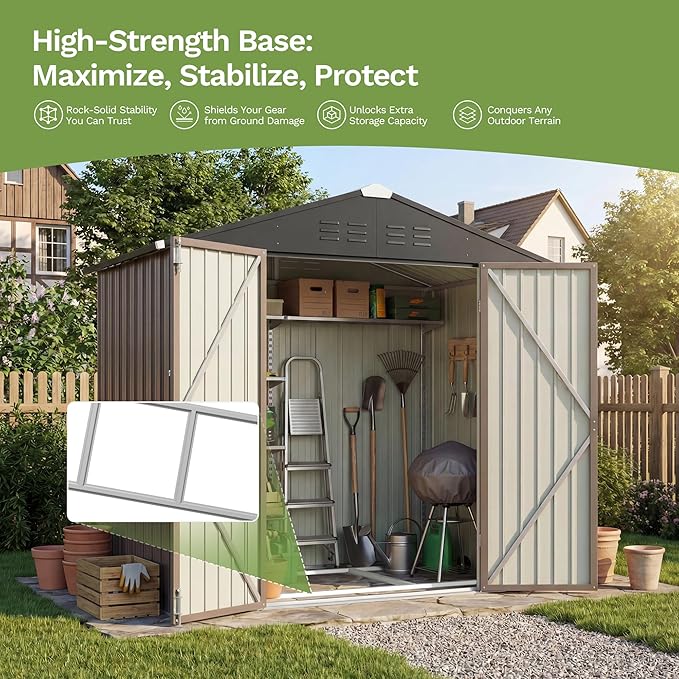 Devoko 6 x 4 FT Metal Storage Shed with Floor Frame Waterproof Garden Tool Shed with Lockable Door, Outdoor Shed Storage House for Backyard Patio Lawn, Brown