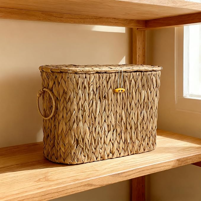 Toilet Paper Storage Basket - Water Hyacinth Slim Toilet Paper Holder with Lid, Holds Up to 9 Rolls, Decorative Organizer for Home Bathroom