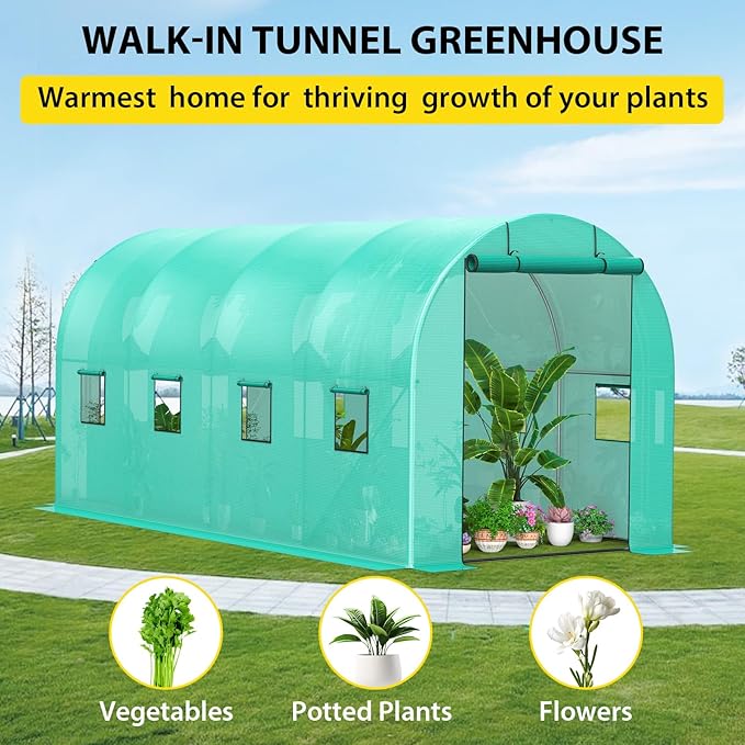 15x7x7 ft Walk-in Tunnel Greenhouse with Galvanized Steel Frame & 8 Mesh Windows, Weather-Resistant Outdoor Plant Hot House for Vegetables, Green PE Cover & 2 Roll-Up Zipper Doors