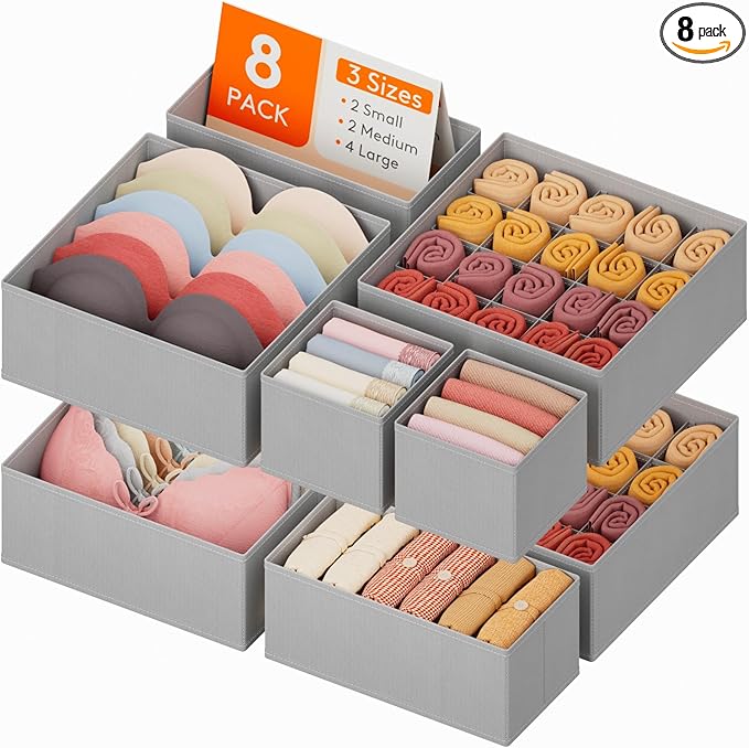 Lifewit Underwear Drawer Organizer for Closet 8 Pack, 3 Sizes Dresser Organizer Dividers, Deep Fabric Foldable Drawer Storage Organizer Bins for Clothes, Sock, Bra, Lingerie, Undies