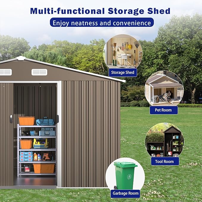 ALAULM 10'x8' Outdoor Storage Shed Outdoor Galvanized Metal Tool Shed with Vents & Sliding Door, Waterproof Garden Shed for Patio,Lawn,Backyard to Store Bikes,Tools-Brown