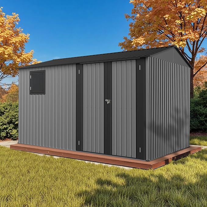 12' x 8' XL Outdoor Storage Shed, Sturdy Metal Building w/Floor and Operable Window for Garden, Backyard, Poolside and Lawn, Grey