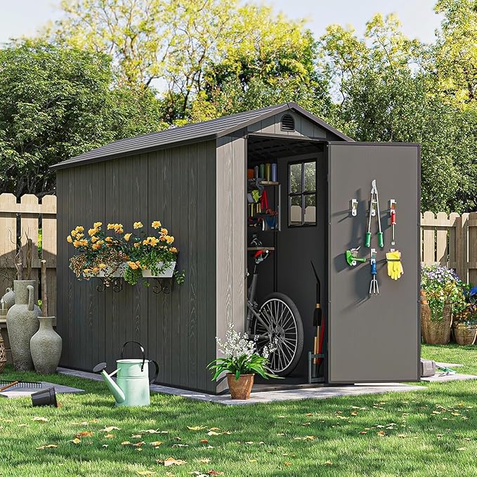 Patiowell 4x8 FT Outdoor Storage Shed with Floor & Windows, Lockable Resin Tool Shed for Garden, Backyard, Patio, and Lawn Equipment - Easy Assembly, All-Weather Protection, Gray (Fit-it Shed)