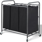 Laundry Sorter Hamper with Wheels, Heavy-Duty Laundry Sorter Rolling Cart, Lockable Wheels and Removable Bags, 3 Sections, Black