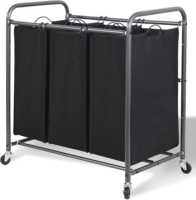 Laundry Sorter Hamper with Wheels, Heavy-Duty Laundry Sorter Rolling Cart, Lockable Wheels and Removable Bags, 3 Sections, Black