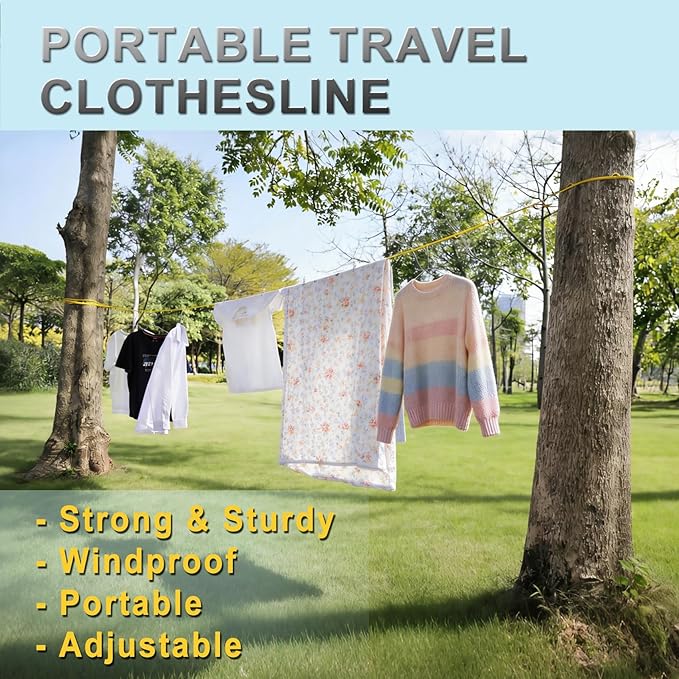 Portable Travel Clothesline, Windproof Clothes Laundry Line with Clothespins & Hang Holes, Indoor & Outdoor Clothes Drying Rope for Hotel, Backyard,Cruise Ships, Camping (Yellow, 16 Ft)