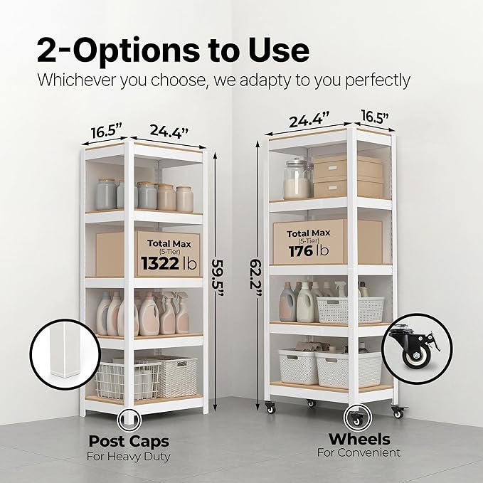 HOMEDANT House 5 Tier Heavy Duty Garage Shelving Adjustable Metal Rack Storage Shelves Standing Shelf Unit Organizers Pantry Closet Office (1, White, (Wheels) 24.4" W x 16.2" D)