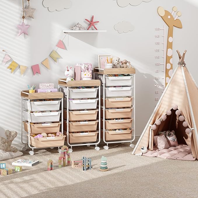 Rolling Craft Storage Cart with 4 Drawers,Utility Cart with Drawers,Art Craft Organizers and Storage,Kids Craft Cart,Kids Art Cart With DIY Lable and Wooden Tabletop Area, Pearl