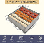 PINGMIC Gray Sock Organizer Divider 4 Pack - 24 Cell Foldable Closet Storage, Tie Organizer For Men Boxes for Socks, Ties, Belts