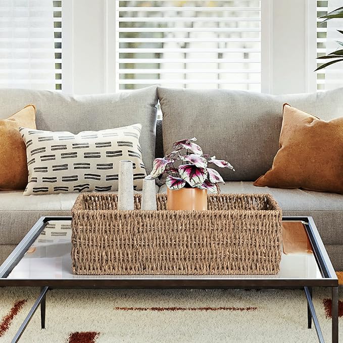 Seagrass Toilet Paper Storage Basket for Bathroom, Handwoven Natural Rattan Organizer for Countertop, Shelves & Vanity, Small Wicker Basket, 14.9"L x 6.3"W x 4.7"H