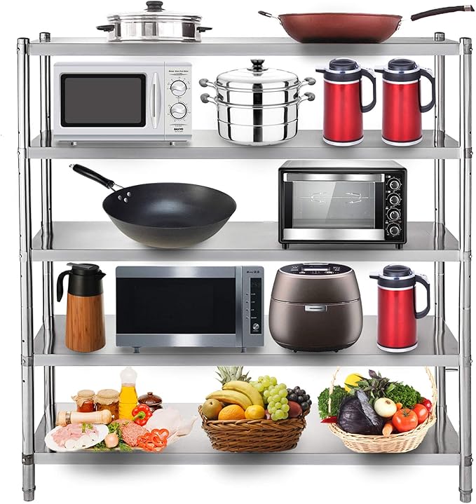 VEVOR Stainless Steel Shelving 60x18.5 Inch 5 Tier Adjustable Shelf Storage Unit Stainless Steel Heavy Duty Shelving for Kitchen Commercial Office Garage Storage 330lb Per Shelf