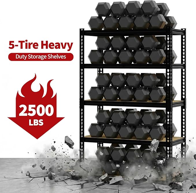 Heavy Duty Garage Storage Shelves, 2500 Lbs Capacity, 5-Tier Adjustable Storage Shelving Unit, 40" L x 20" W x 72" H Metal Shelving Racks for Kitchen Pantry Basement Bathroom Laundry