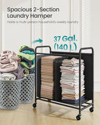 SONGMICS 2-Section Laundry Sorter, Laundry Hamper with Wheels, Rolling Clothes Hamper Cart with Large Capacity and Removable Bags, for Laundry Room, Bedroom, Bathroom, Ink Black URLS210B01