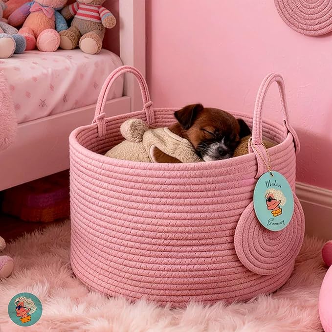 Modern Granny Small Cotton Rope Laundry Basket 16x10 Inch Dual Secure Woven Handle for Living Room Closet Clothes Blanket Organization