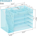 Marbrasse 5-Tier Desk Organizer with File Holder,Paper Letter Tray Organizer,Desktop File Organizer with Adjustable Compartments,Mesh Desk Organizers and Accessories for Office Supplies,Blue