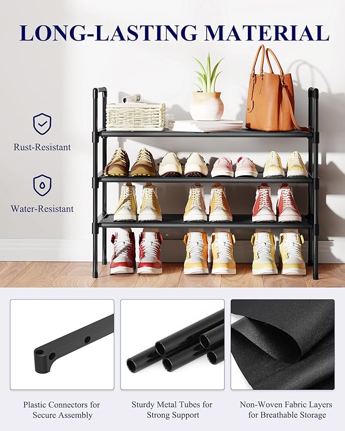 Kitsure Shoe Rack - 3-Tier Shoe Organizer, Shoe Rack for Closet, Entryway, Bedroom, Easy- Assembly Storage Shelf with Side Handles, 27.6" Wide - 3 Tiers, Black