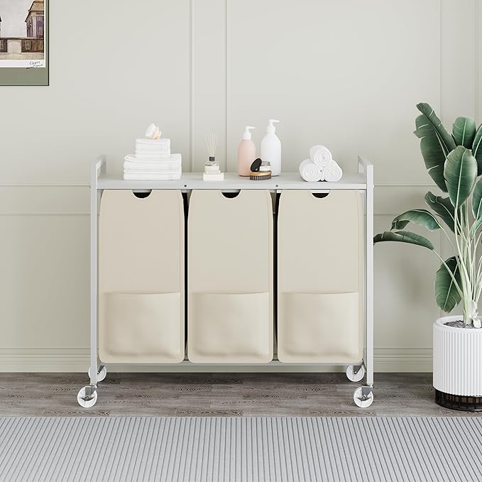 Laundry Sorter with Wheels & 100lb Top Shelf, Rolling 3 Section Removable Pull-Out Fabric Fabric Bags Hamper Basket, Sturdy White Beige Iron Organizer for Room Organization