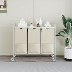 Laundry Sorter with Wheels & 100lb Top Shelf, Rolling 3 Section Removable Pull-Out Fabric Fabric Bags Hamper Basket, Sturdy White Beige Iron Organizer for Room Organization