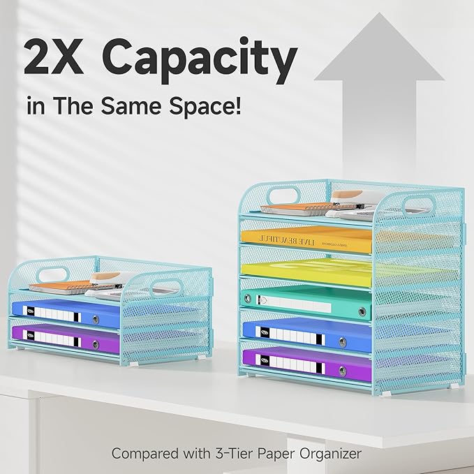 6 Tier Paper Organizer, Letter Tray with Handle, Mesh Desk Organizer, Metal File Organizer, Office Desk Accessories for Home, Office, Classroom, School -Blue