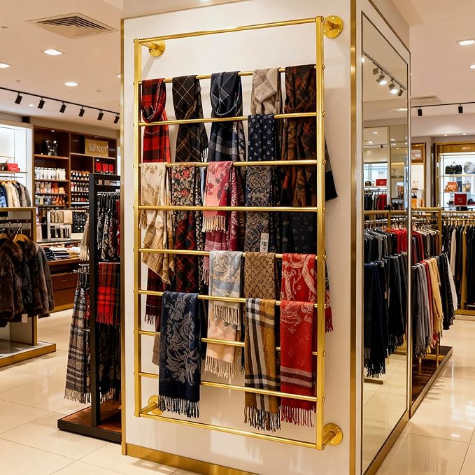 10-Layer Wall Mounted Display Rack, Tie & Scarf Rack Belt Towel Holder Wrapping Paper Ribbon Organizer Metal Shelving Scarves Belts Necktie Hijab Stand for Home, Retail Stores, Flower Shop