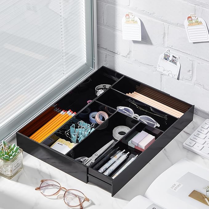 1 Pcs Acrylic Desk Drawer Organizer 9'' up to 18'' x 15'' x 2.1'' Expandable Drawer Organizer Trays with 7 Adjustable Compartments Black Desk Accessories for Makeup Office Bathroom