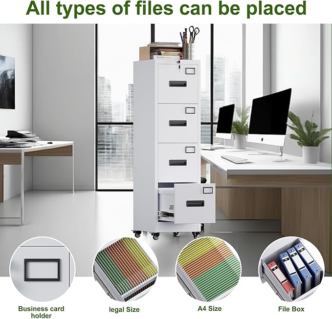 Aobabo 4 Drawer Filing Cabinet with Wheels, Lockable Metal File Cabinet with Name Card for Office and Home,Required Assembly,White