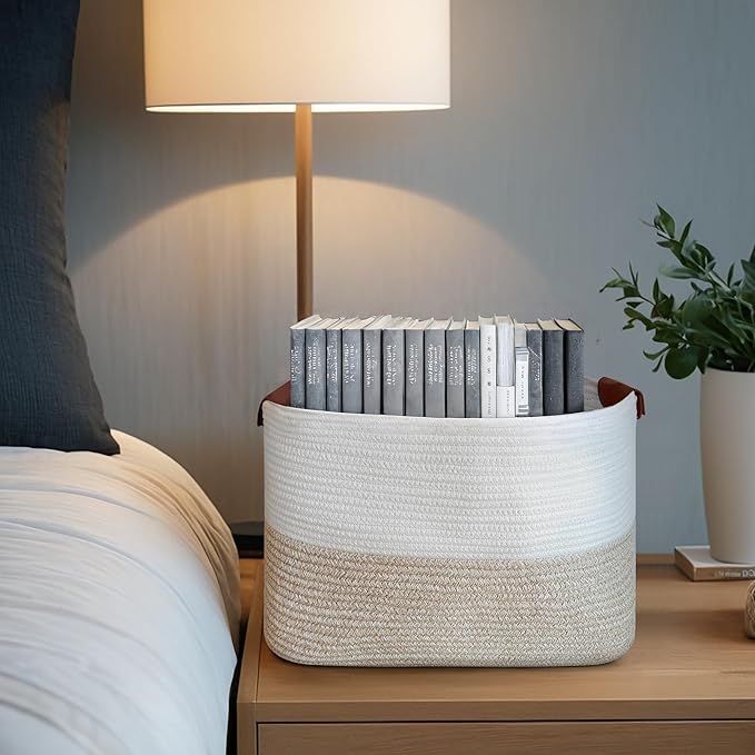 Small Cotton Rope Storage Basket with Leather Handles, 15 "L x 11.5" W x 7.5 "H, Home Decor Basket, Durable & Stylish Organizer for Home.(Small Light Khaki)